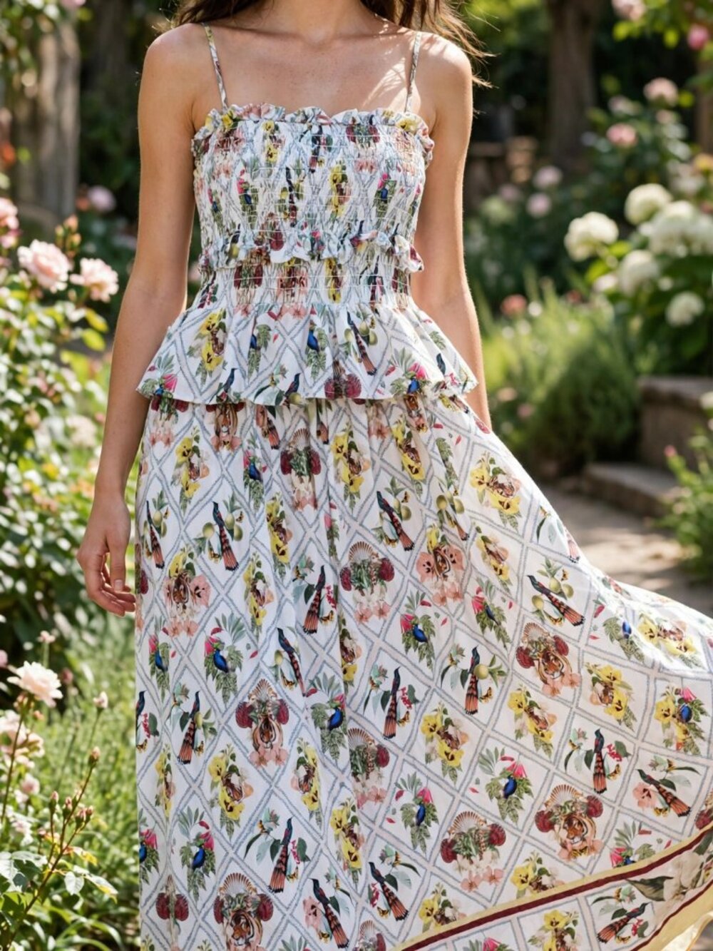 NWOT Anthropologie Smocked Tropical Print Maxi Dress White M